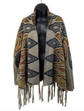 Cliche Couture Women Southwestern Aztec Fringe Knit Cardigan Poncho Size XL
